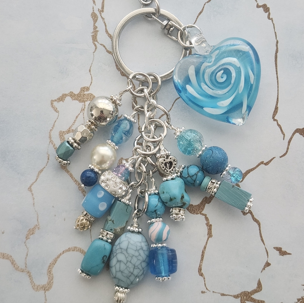 Heart Purse Charm Keychain Art Glass Howlite Wagnerite Stone Shell Handcrafted
